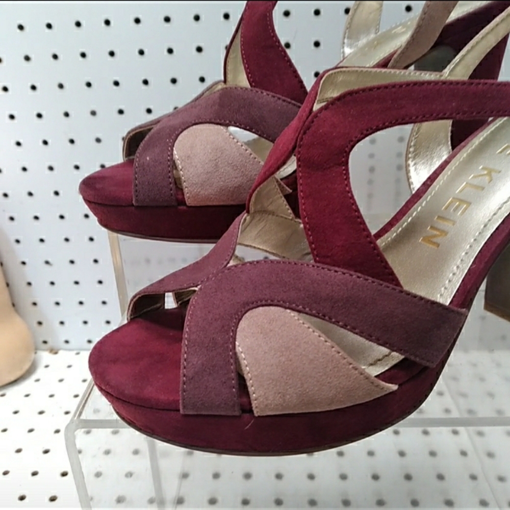 Anne Klein Women Burgundy Sandals Suede Straps Block Chunky Platform Heel Pump - Picture 3 of 12